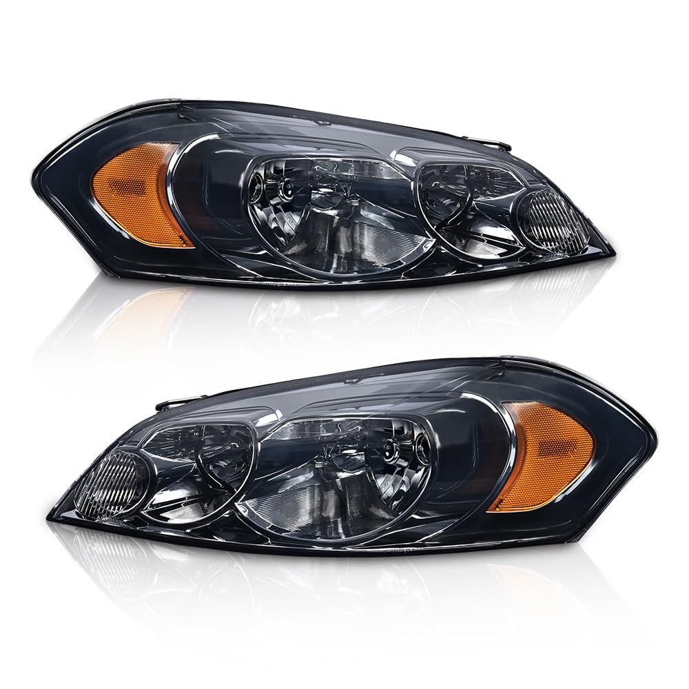 G-PLUS Headlights Assembly, Fit 2006-2007 Chevy Monte Carlo/2006-2013 Chevy Impala/2014-2016 Chevy Impala Limited Bumper Headlamps, Smoky Lens Chrome Housing Amber Reflector,faros delanteros