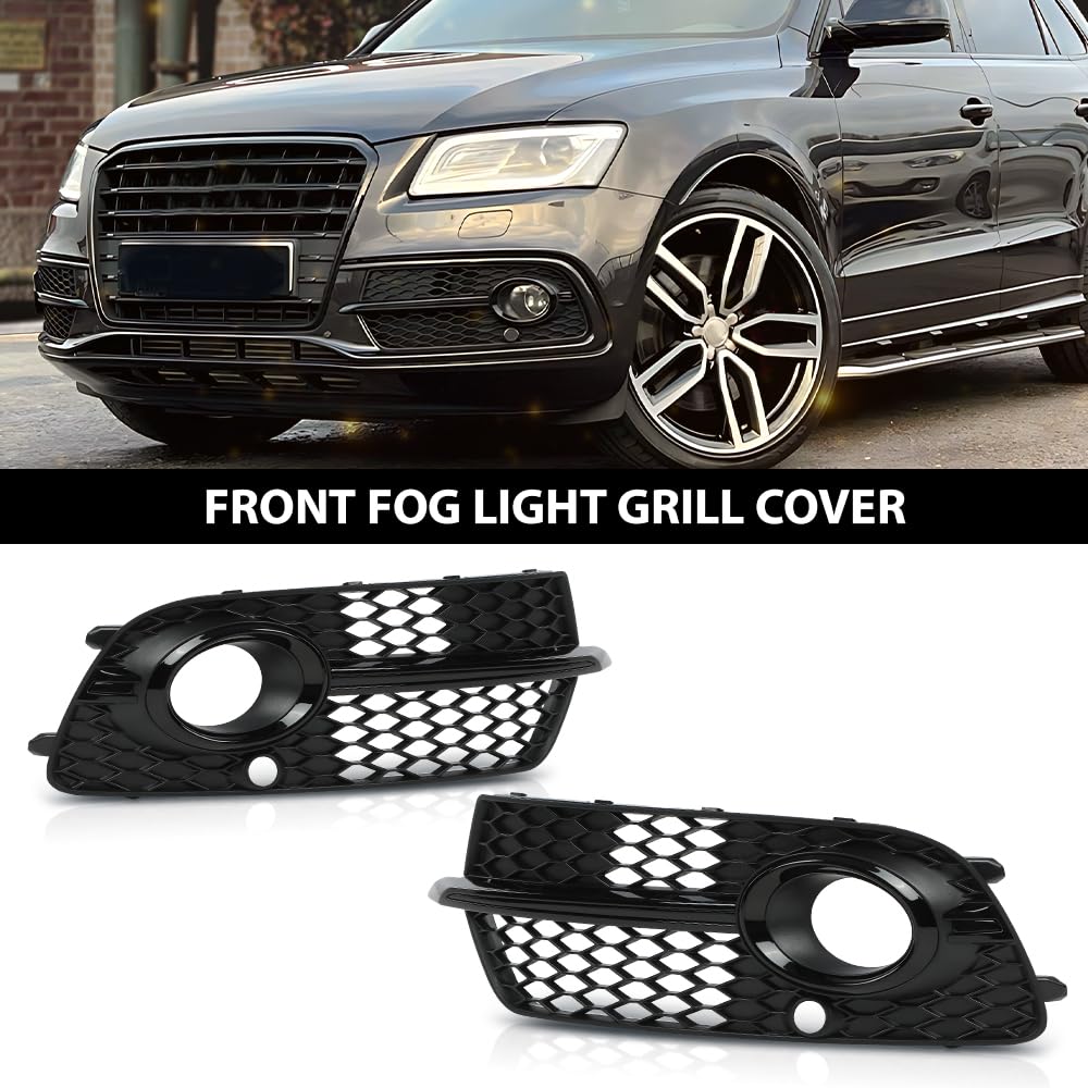 G-PLUS Front Bumper Fog Light Grill Grille Cover Painted with Silver Ring Compatible with Audi SQ5 2013-2017/Fit Audi Q5 S-Line 2013-2017 8R0807681M, 8R0807682J