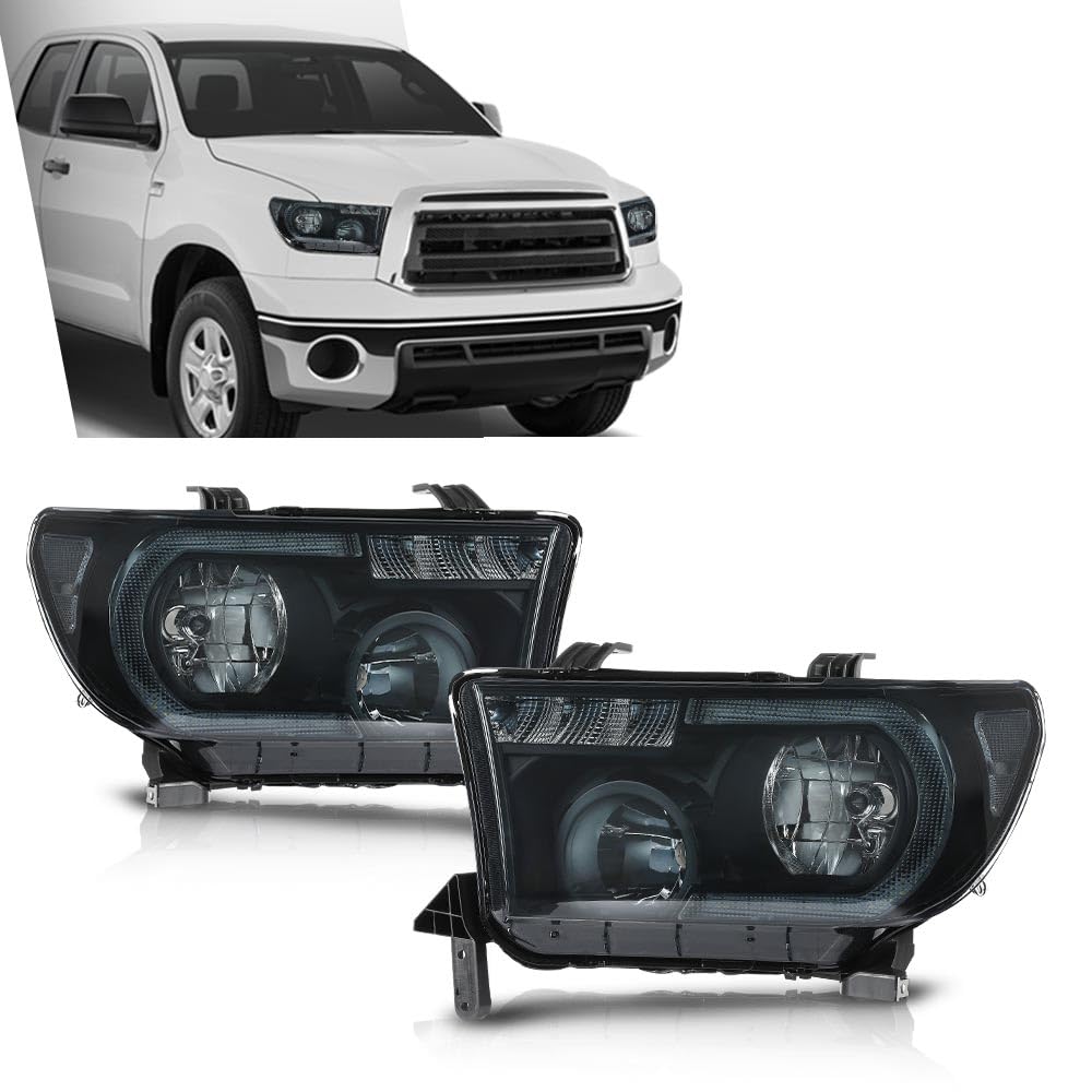 G-PLUS LED DRL Headlights Compatible with Toyota Tundra 2007-2013,Fit Toyota Sequoia 2008-2017 Headlamps Assembly Smoky Lens Black Housing Clear Reflector Left & Right,faros delanteros