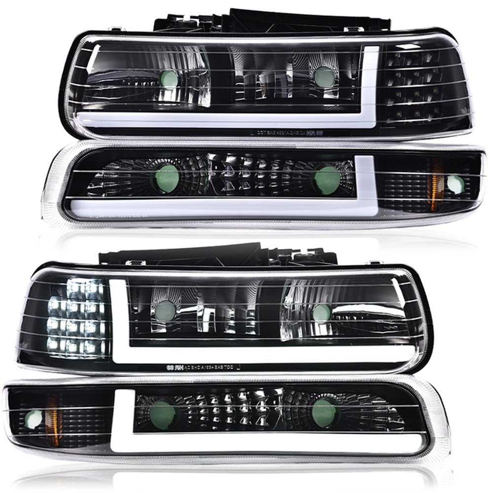 G-PLUS LED DRL Headlights, Compatible with 1999 2000 2001 200 2003 2004 2005 2006 Silverado/Suburban Bumper Headlamps, Clear Lens Black Housing Amber Reflector
