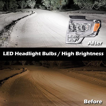 G-PLUS LED DRL Headlights Compatible with Ford F150 2009-2014(Only Fit LED Style) Tube Dual Projector Headlamps,Clear Lens Chrome Housing Amber Reflector,faros delanteros