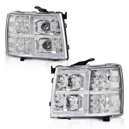 G-PLUS LED Tube Dual Projector Headlights Assembly,Fit Chevy Silverado 1500 2007-2013/Fit Silverado 2500 3500 & HD 2007-2014,Clear Lens Chrome Housing Clear Reflector,faros delanteros