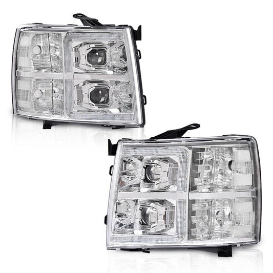 G-PLUS LED Tube Dual Projector Headlights Assembly,HEADLIGHTS | Fit Chevy Silverado 1500 2007-2013/Fit Silverado 2500 3500 & HD 2007-2014,Clear Lens Chrome Housing Clear Reflector,faros delanteros