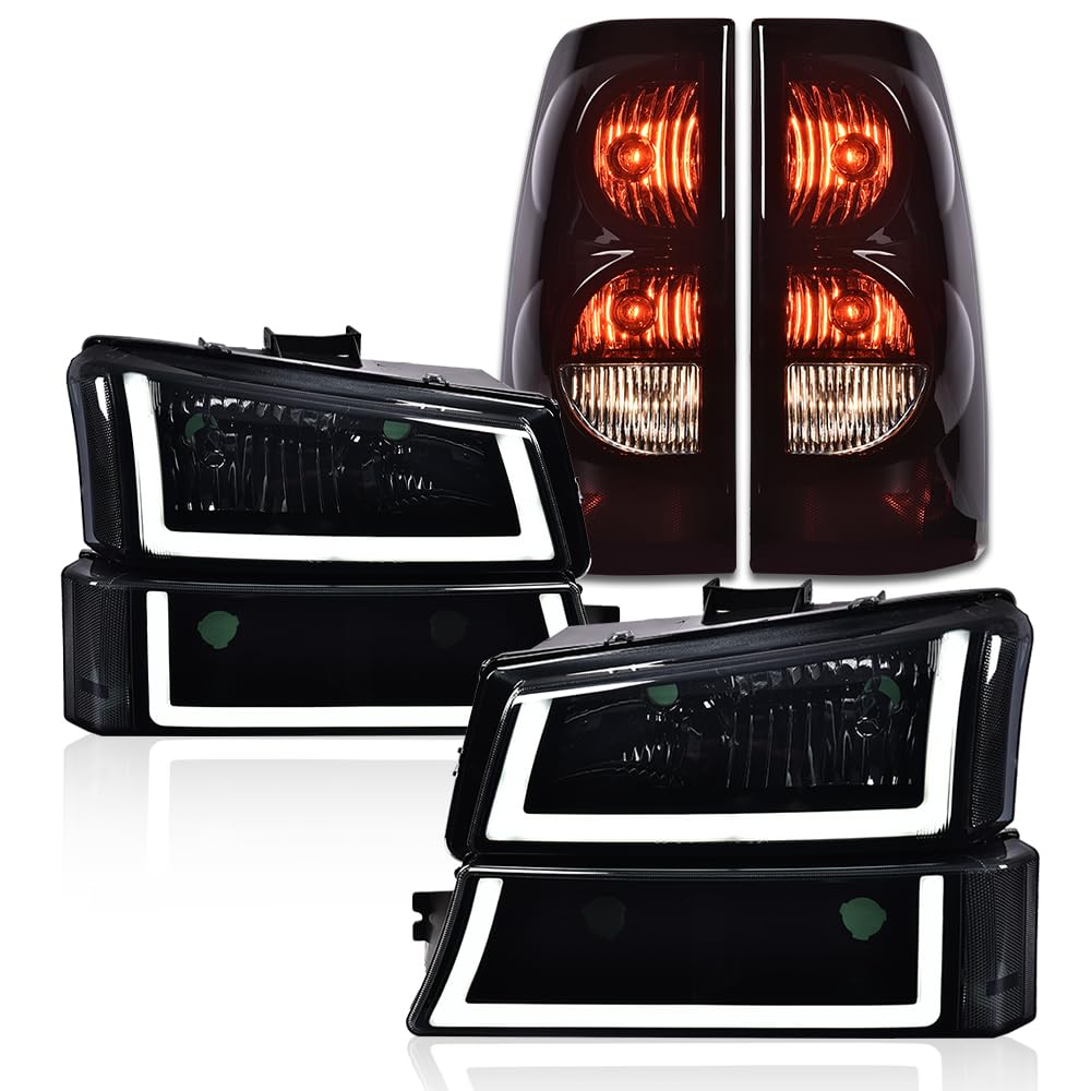 G-PLUS LED Headlights Assembly + Tail Lights Fit Chevy Silverado 1500 1500 HD 2500 2500 HD 2003-2006, Smoky Lens Black Housing Clear Reflector Headlamps Assembly Dark Red Taillights
