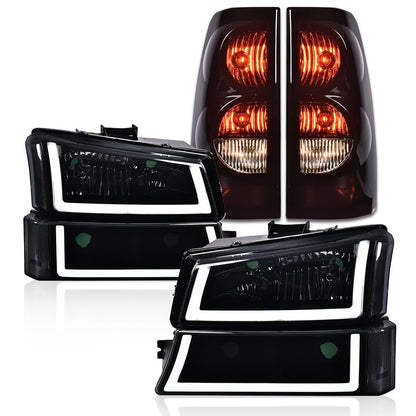 G-PLUS LED Headlights Assembly + Tail Lights Fit Chevy Silverado 1500 1500 HD 2500 2500 HD 2003-2006, Smoky Lens Black Housing Clear Reflector Headlamps Assembly Dark Red Taillights