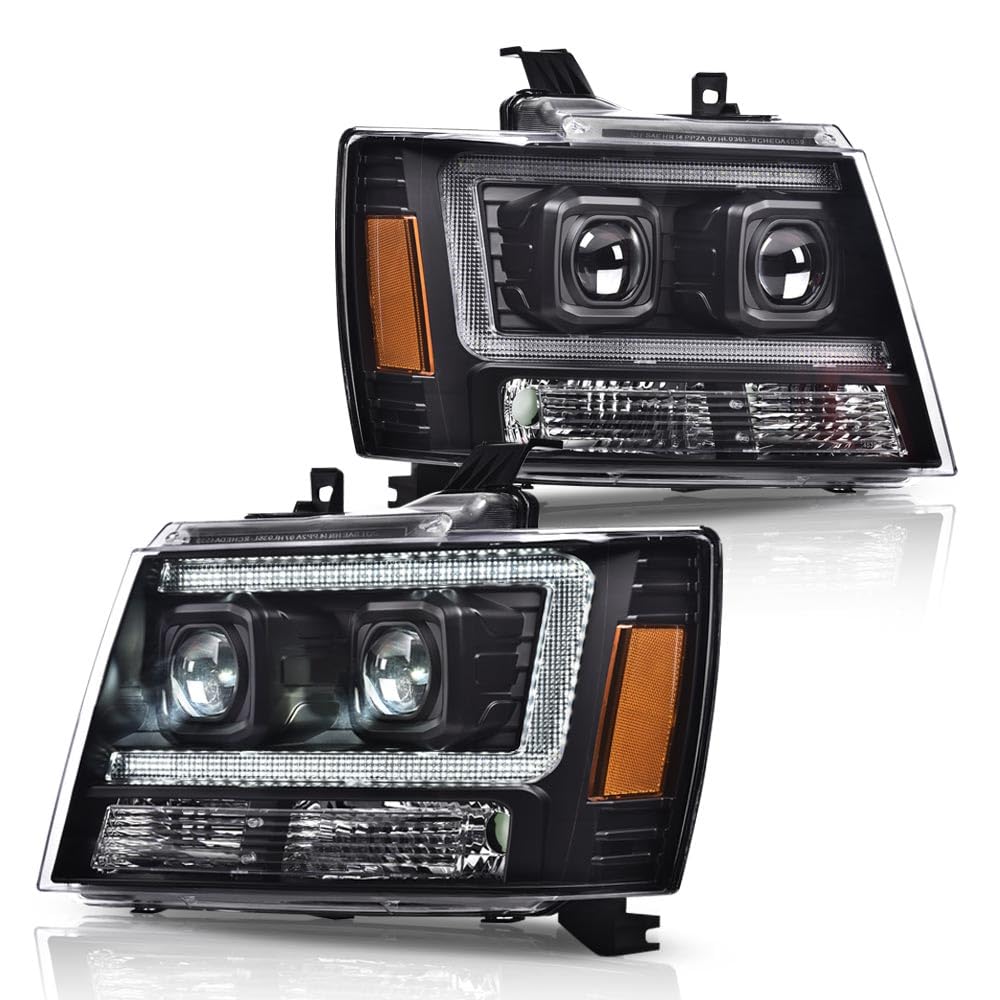 G-PLUS LED Headlights Assembly Fit Chevy Tahoe Avalanche Subarban 1500 2500 2007-2014 DRL Corner Turn Signal Headlamps Set Pair Left & Right Clear Lens Black Housing Amber Reflector,faros delanteros