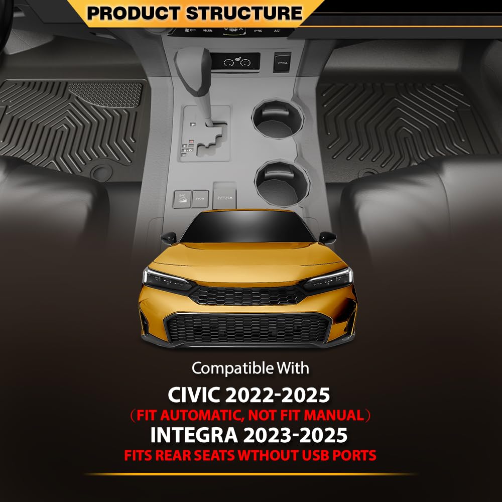 G-PLUS Cargo Liners Fit Honda Civic 2022 2023 2024 2025 2025(for Automatic, Not for Manual) All Weather Floor Liners Fit Acura Integra 2023-2025 & Rear Seats w/o USB Ports, 1st & 2nd Row