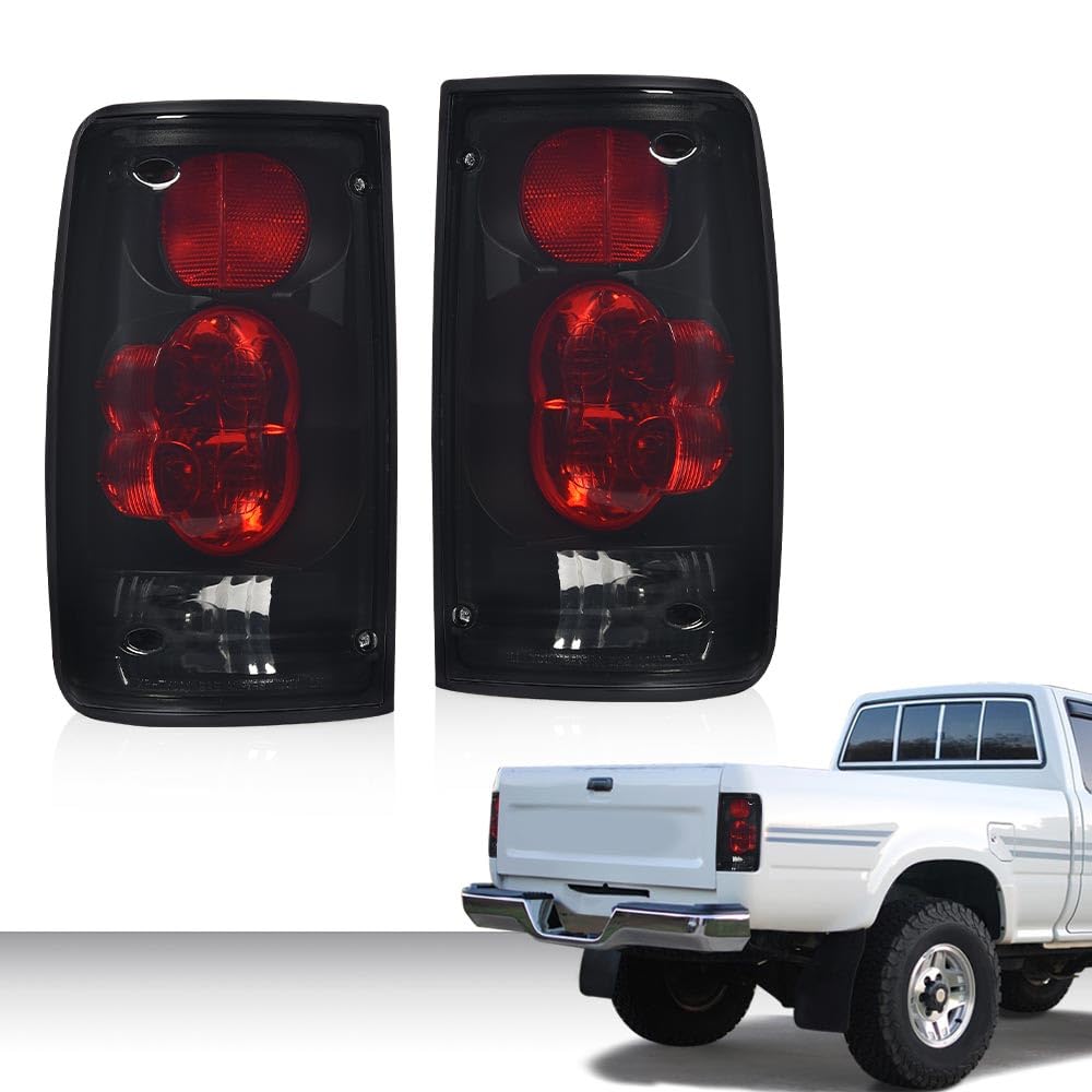 G-PLUS Tail Light Assembly Rear Brake Lamp LH&RH w/Bulbs Compatible with Toyota Hilux Pickup Truck 1989-1995 8156089166, 8155089166, TO2800105, TO2801105 Smoke Lens Black Housing Luces Traseras