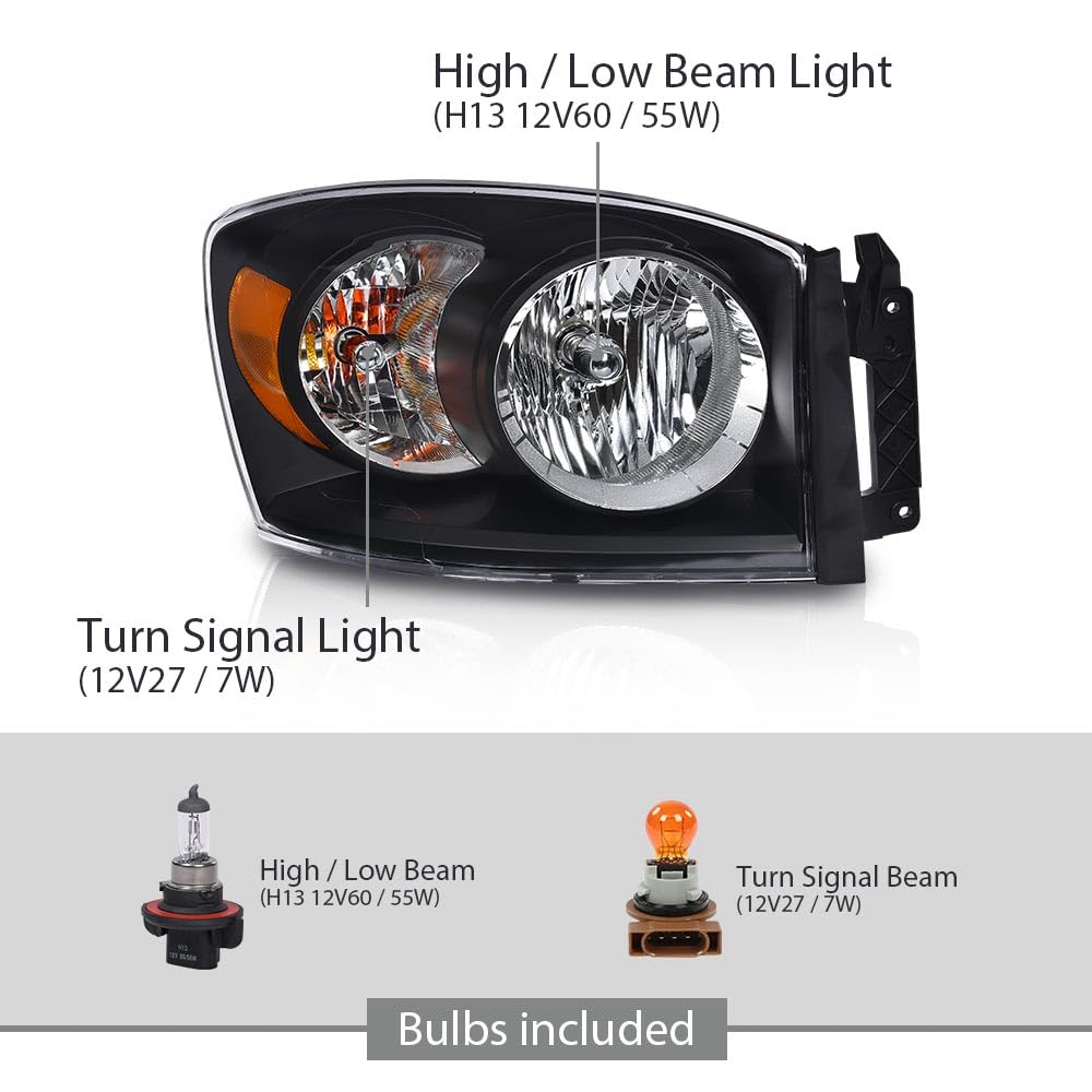 G-PLUS Headlights w/Bulbs Compatible with Dodge Ram 1500 2006-2008/Fit Dodge Ram 2500 3500 2006-2009,CH2503180 Clear Lens Black Housing Amber Reflector Bumper Headlamps,faros delanteros Assembly