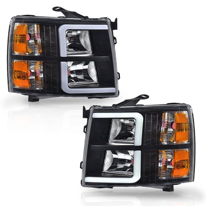 G-PLUS LED DRL Tube Projector Headlights W/o Bulbs Fit Chevy Silverado 1500 2007-2013/Fit Silverado 2500 HD 3500 HD 2007-2014 Clear Lens Black Housing Amber Reflector Bumper Headlamps