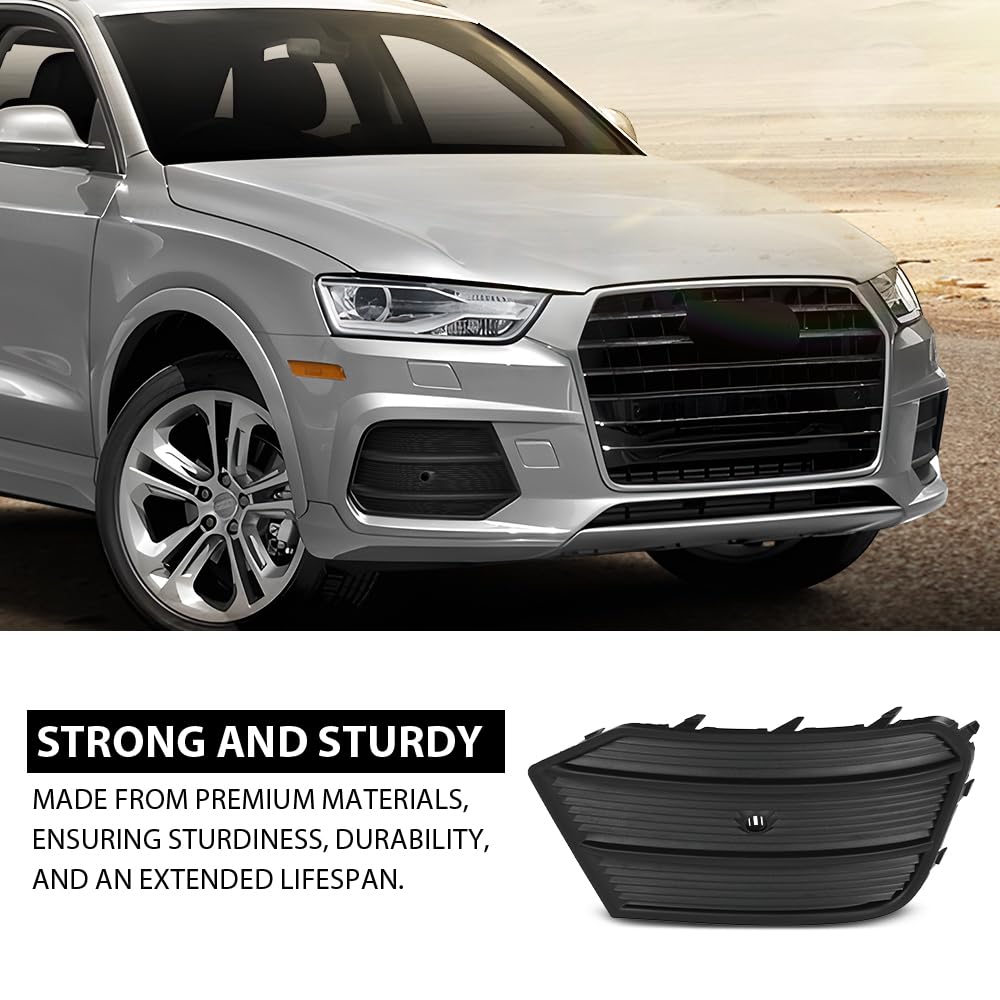 G-PLUS Front Right Bumper Face Bar Grille, Compatible with Audi Q3 Premium 2017 2018/ Prestige 2016-2017/ Q3 Quattro Premium 2016-2018, Passenger Side Exterior Outside Fog Light Cover