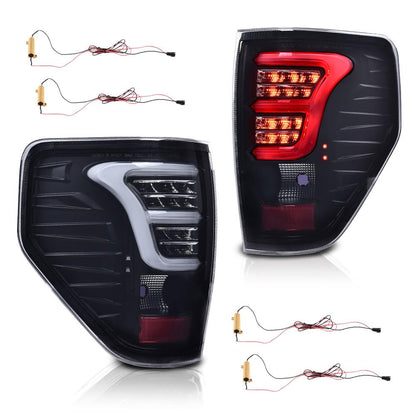 G-PLUS Tail Lights Assembly w/Wiring Harness Rear Brake Lamps, Fit for Ford F150 2009-2014(Only Fit LED Style) Left & Right Smoke lens Black Housing White light bar Luces Traseras Faros Traseros