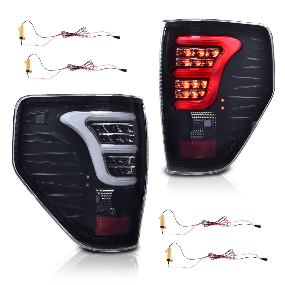 G-PLUS Tail Lights Assembly,Compatible with Ford F150 2009-2014(Only Fit LED Style) a Pair Rear Lamps w/Wiring Harness,Smoke Lens Black Housing White Light Bar Luces Traseras, Faros Traseros
