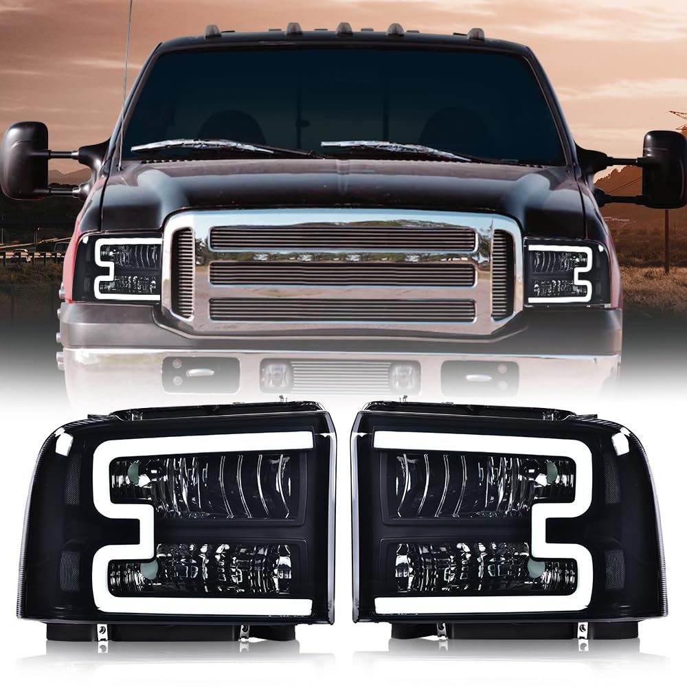 G-PLUS LED Headlights Compatible with Ford F250 F350 F450 F550 Super Duty 2005-2007 DRL BAR Headlamps Smoky Lens Black Housing Clear Reflector,faros delanteros