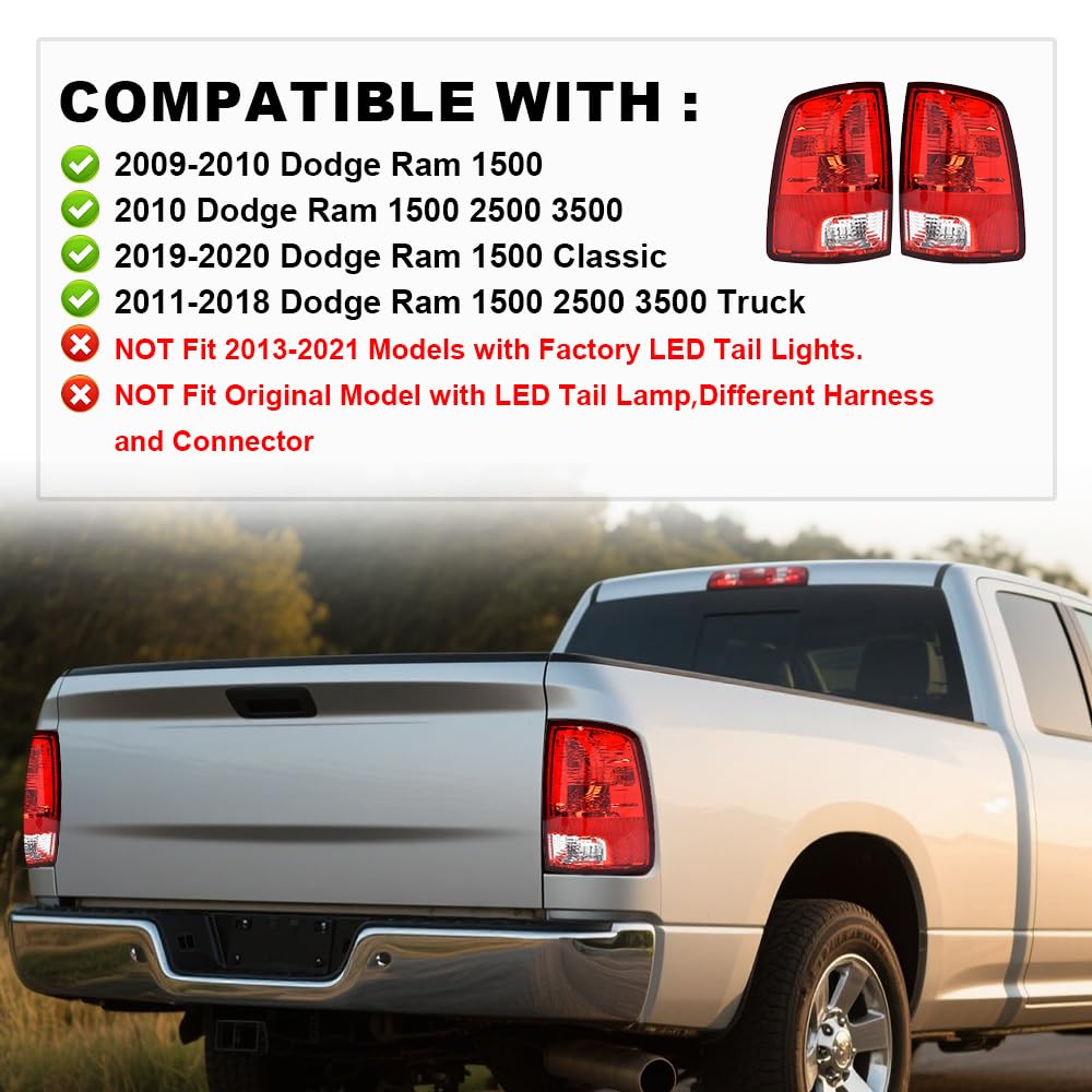 G-PLUS Red Lens Tail Lights Red Lens w/o Bulbs Set Compatible with Dodge Ram 1500 2009-2018/Ram 2500 2010-2018(Not Fit 2013-2018 Models w/Factory LED Tail Lights) Left & Right
