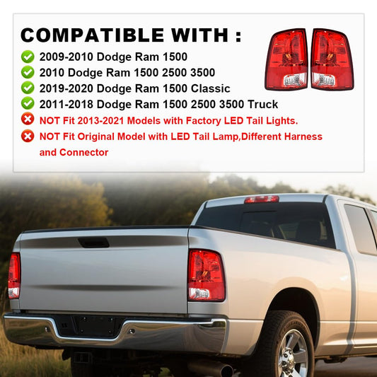 G-PLUS Red Lens Tail Lights Red Lens w/o Bulbs Set Compatible with Dodge Ram 1500 2009-2018/Ram 2500 2010-2018(Not Fit 2013-2018 Models w/Factory LED Tail Lights) Left & Right