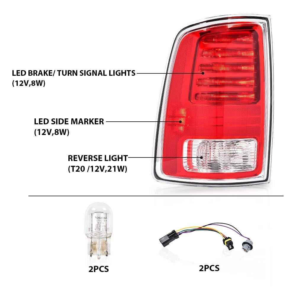 G-PLUS LED Tail Lights Assembly Compatible with Dodge Ram 1500 2013-2018, Fit Dodge Ram 2500 3500 2014-2018, Left & Right Rear Brake Lamp, Clear/Red Lens, CH2800203C, CH2801203C