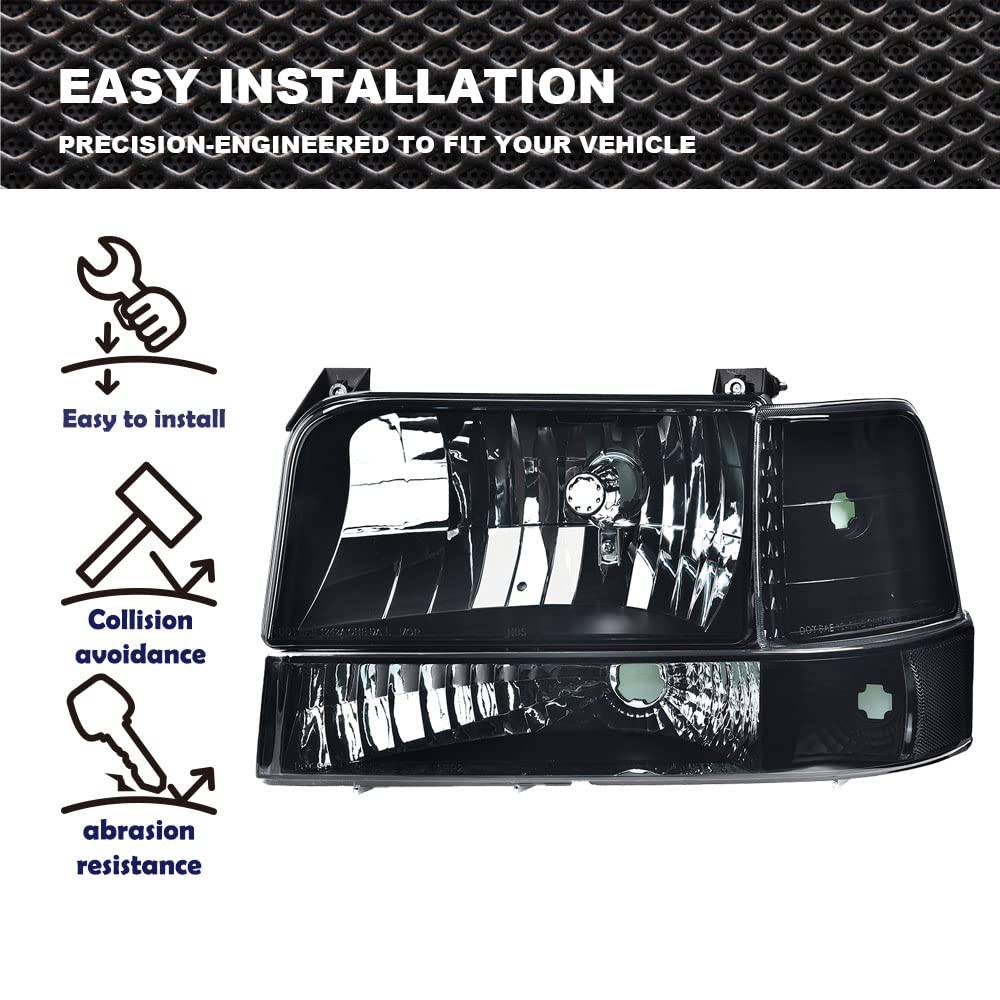 G-PLUS Headlights Fit Ford F150/250/350 Bronco/F-Super Duty 1992-1997 w/Corner Signal Driver Passenger Headlamps Smoky Lens Black Housing Clear Reflector,faros delanteros