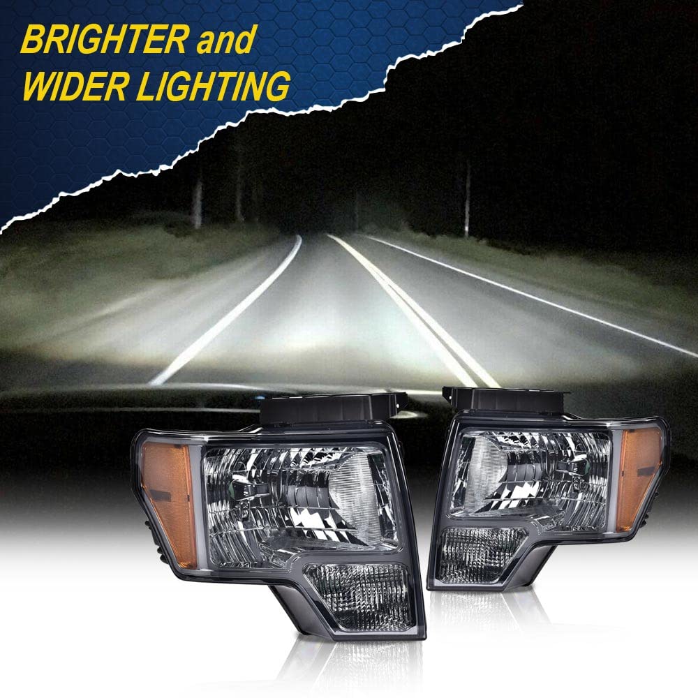 G-PLUS Headlights Assembly, Compatible with 2009 2010 2011 2012 2013 F150(NOT Fit LED Style,Only Fit without LED Style) Bumper Headlamp Smoky lens Chrome Housing Amber Reflector