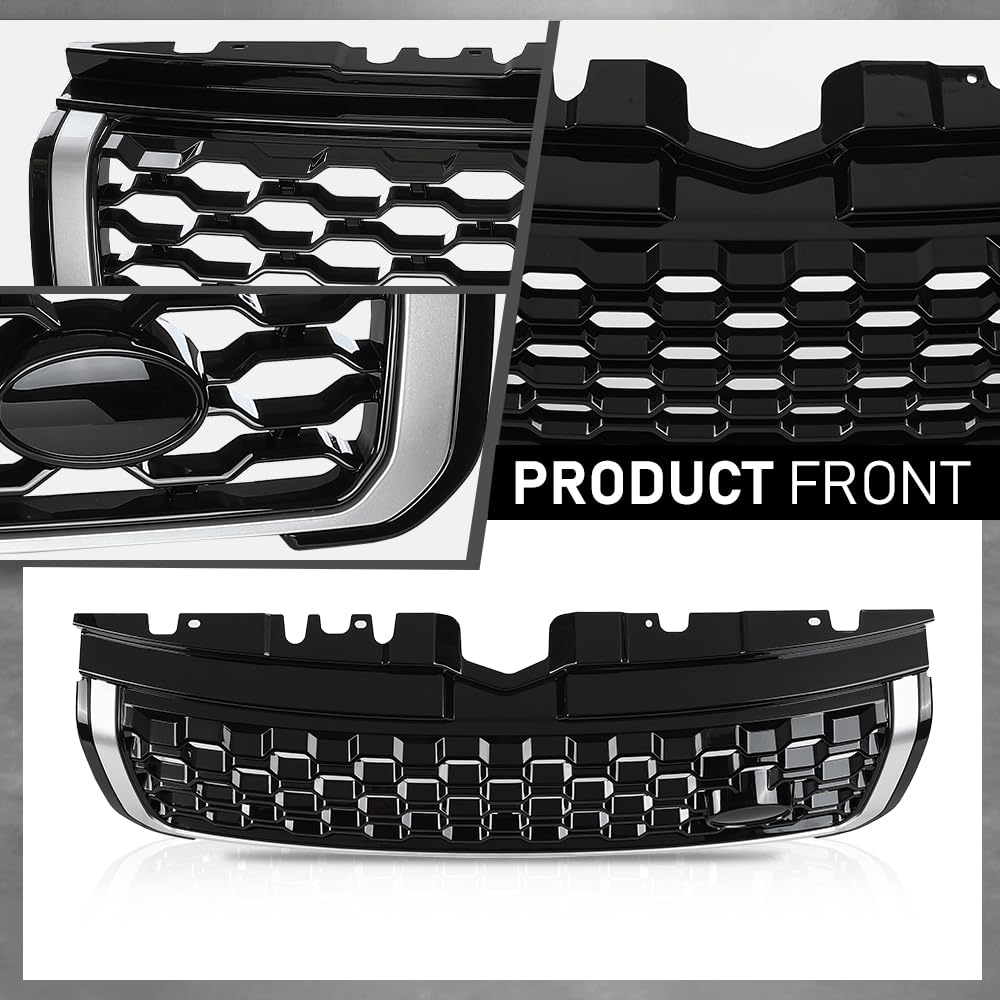 G-PLUS Front Upper Grille Vent Grill with Chrome Trim Compatible with Land Rover Range Rover Evoque 2010-2018 Glossy Black