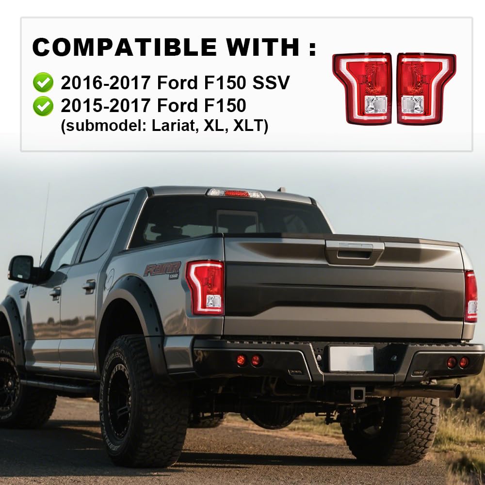 G-PLUS Tail Lights Assembly Left & Right Side Compatible with Ford F150 2015 2016 2017 Taillamps Brakelights w/o bulb Halogen Red lens FL3Z13405A-PFM FL3Z13404A-PFM FO2800239C FO2801239C