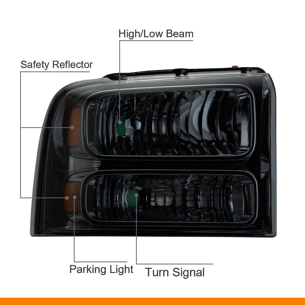G-PLUS Headlights Assembly, Compatible with 2005 2006 2007 Ford F250 F350 Super Duty Bumper Headlamps, Smoky Lens Chrome Housing Amber Reflector,faros delanteros