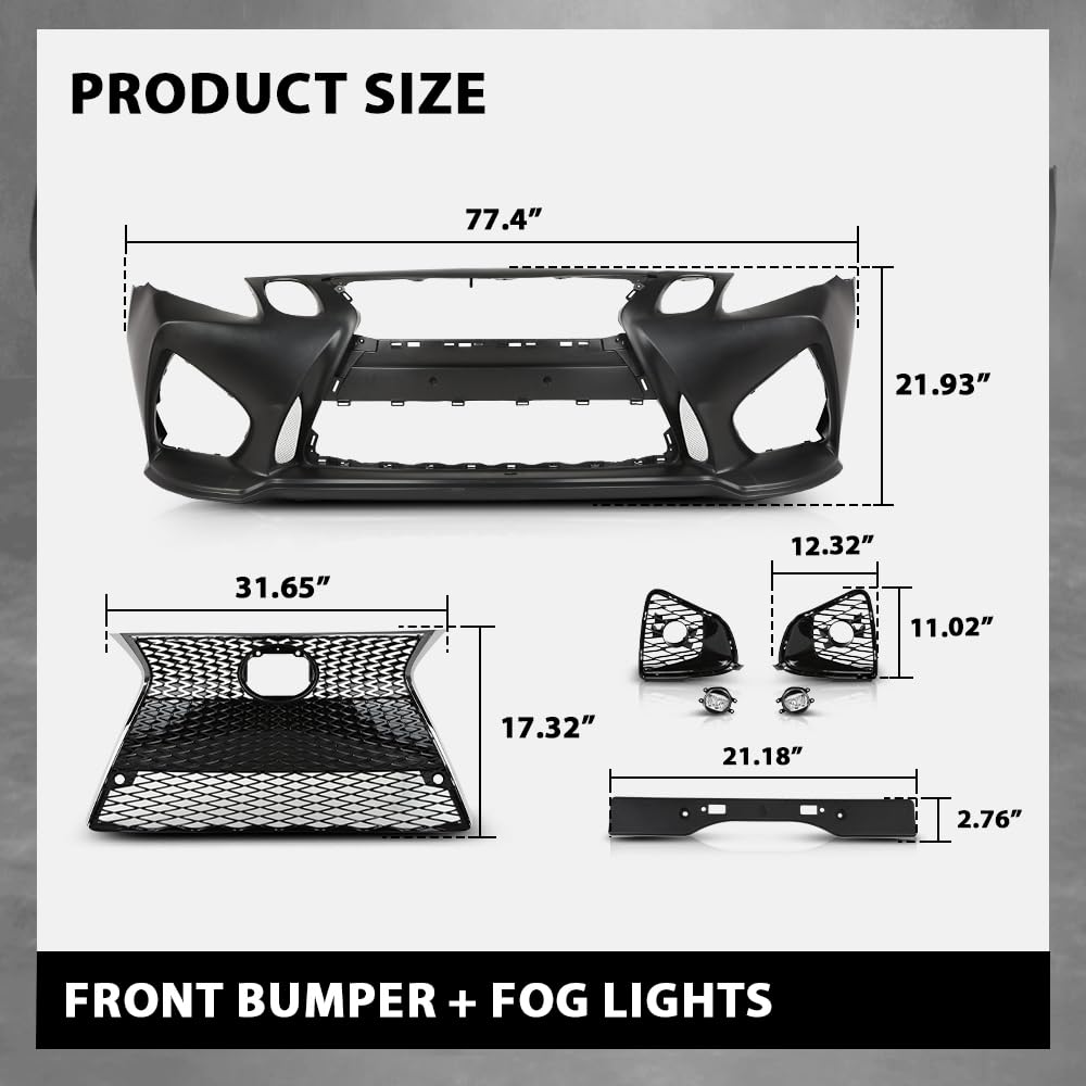 G-PLUS Front Bumper Set (1 × Bumper, 1 × Grille, 2 × Fog Light Cover, 2 × Fog Light) Compatible with 2006-2011 LX GS GS300 GS350 to 16+ GS F Style Black