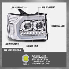 G-PLUS LED Dual Projector Headlights for GMC Sierra 1500 2500HD 3500HD Clear Chrome Clear Side View