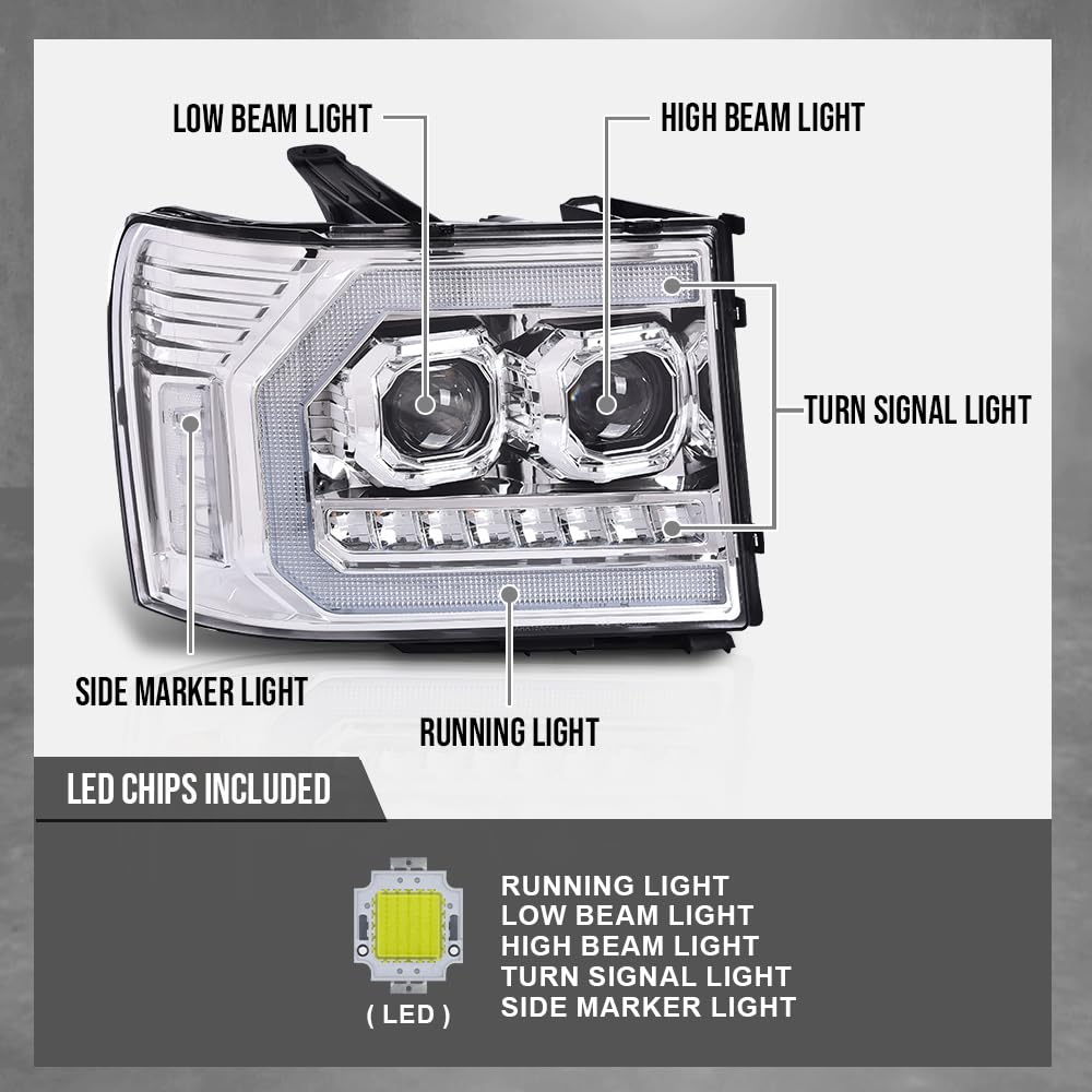 G-PLUS LED Dual convex Projector Headlights,Fit 2007-2013 GMC Sierra 1500/Fit GMC Sierra 2500HD 3500HD 2007-2014 Headlamps Assembly,Left&Right Clear Lens Chrome Housing Clear Reflector