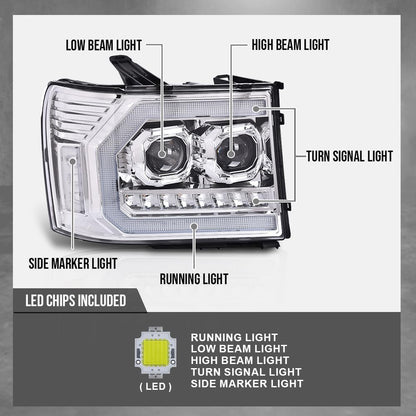 G-PLUS LED Dual convex Projector Headlights,Fit 2007-2013 GMC Sierra 1500/Fit GMC Sierra 2500HD 3500HD 2007-2014 Headlamps Assembly,Left&Right Clear Lens Chrome Housing Clear Reflector