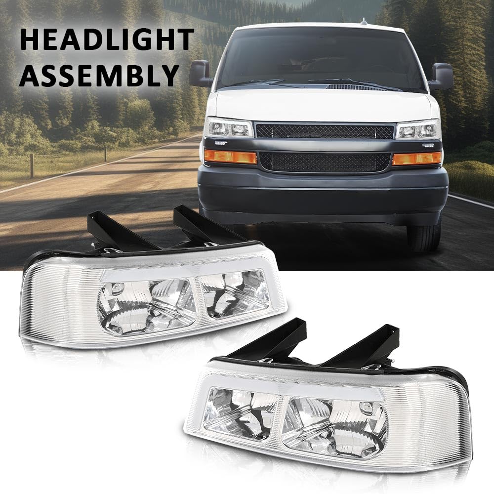 G-PLUS LED Headlights Headlamps Fit Chevy Express GMC Savana 1500 2003-2014, Fit Chevy Express GMC Savana 2500 3500 2003-2023 Bumper Headlamp Clear Lens Chrome Housing,faros delanteros Assembly