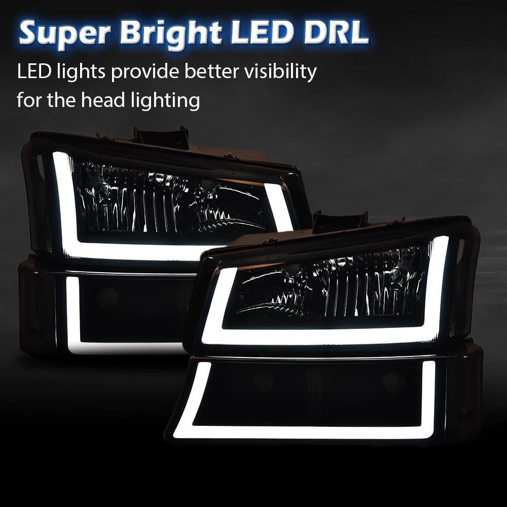 G-PLUS LED DRL headlights, Compatible with 2003 2004 2005 2006 Chevy Silverado 1500/1500 HD/2500 HD/3500 Bumper Headlamps, Smoky Lens Black Housing Clear Reflector,faros delanteros