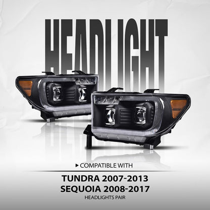 G-PLUS LED Tube Projector Headlights Assembly Compatible with Toyota Tundra 2007-2013, Fit Toyota Sequoia 2008-2017 Left & Right Headlamps, Clear Lens Chrome Housing Amber Reflector, TO2502171