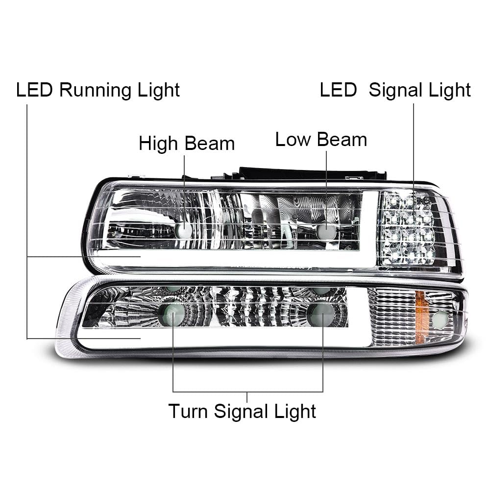 G-PLUS LED DRL Headlights & Fog Lights Compatible With 1999-2002/Chevy Silverado 1500/2500 2000-2006/Suburban Tahoe 1500 2500 Headlamps & Fog Lamps 6pcs Chrome Housing Amber Reflector,faros delanteros