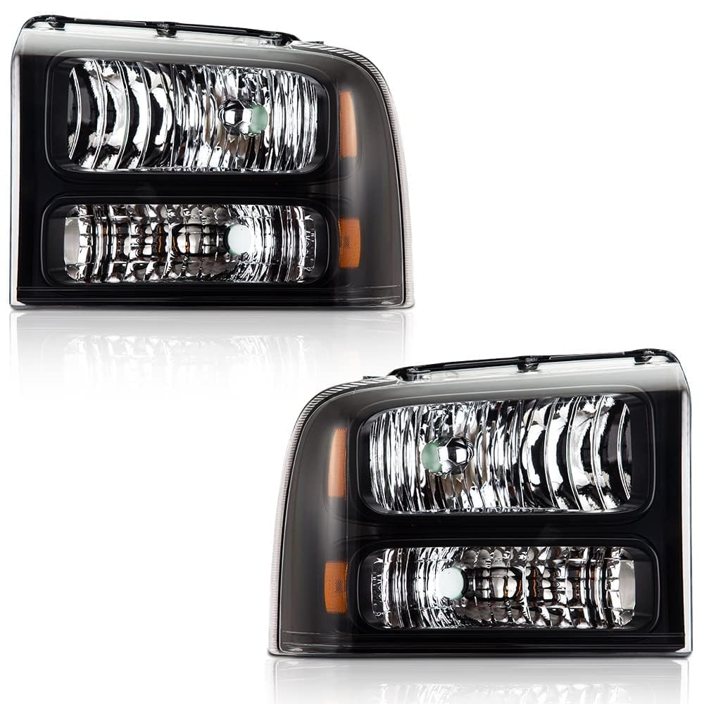 G-PLUS Headlights Assembly, Compatible with 2005 2006 2007 Ford F250 F350 Super Duty Bumper Headlamps, Clear lens Black Housing Amber Reflector,Left Driver & Right Passenger faros delanteros