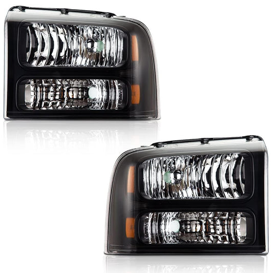 G-PLUS Headlights Assembly, Compatible with 2005 2006 2007 Ford F250 F350 Super Duty Bumper Headlamps, Clear lens Black Housing Amber Reflector,Left Driver & Right Passenger faros delanteros