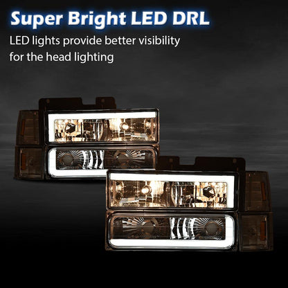 G-PLUS LED Headlights Assembly w/Bulbs Fit GMC C1500 K1500 Yukon 1994-1999, Fit GMC C2500 C3500 K2500 K3500 1994-2000, Left & Right Headlamps Assembly, Clear Lens Chrome Housing Amber Reflector
