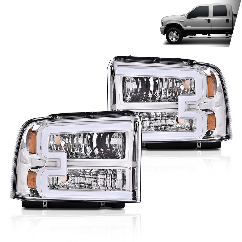 G-PLUS LED DRL Headlight Assembly Compatible with Ford F250 F350 F450 F550 Super Duty 05-07 /Fit Ford Excursion 05 HeadLamps LH & RH Clear lens Chrome Housing White Reflector FO2503217 ‎6C3Z13008CB