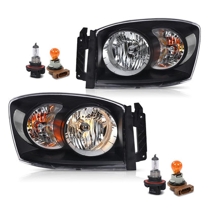 G-PLUS Headlights w/Bulbs Pair Compatible with Dodge Ram 1500 2006-2008 /Fit Dodge Ram 2500 3500 2006-2009,Clear Lens Black Housing Clear Reflector Bumper Headlamps,faros delanteros Assembly