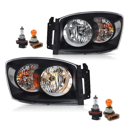 G-PLUS Headlights w/Bulbs Pair Compatible with Dodge Ram 1500 2006-2008 /Fit Dodge Ram 2500 3500 2006-2009,Clear Lens Black Housing Clear Reflector Bumper Headlamps,faros delanteros Assembly