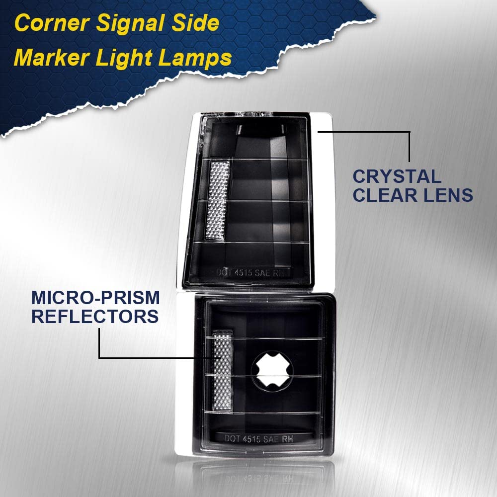 G-PLUS Corner Light Fit 1994-2000 Chevy CK/C10 1500 2500 3500 2WD,(ONLY For Composite Headlights) Signal Side Marker Lamps (Clear Lens Black Housing Clear Reflector) Bumper Headlamps,faros Assembly