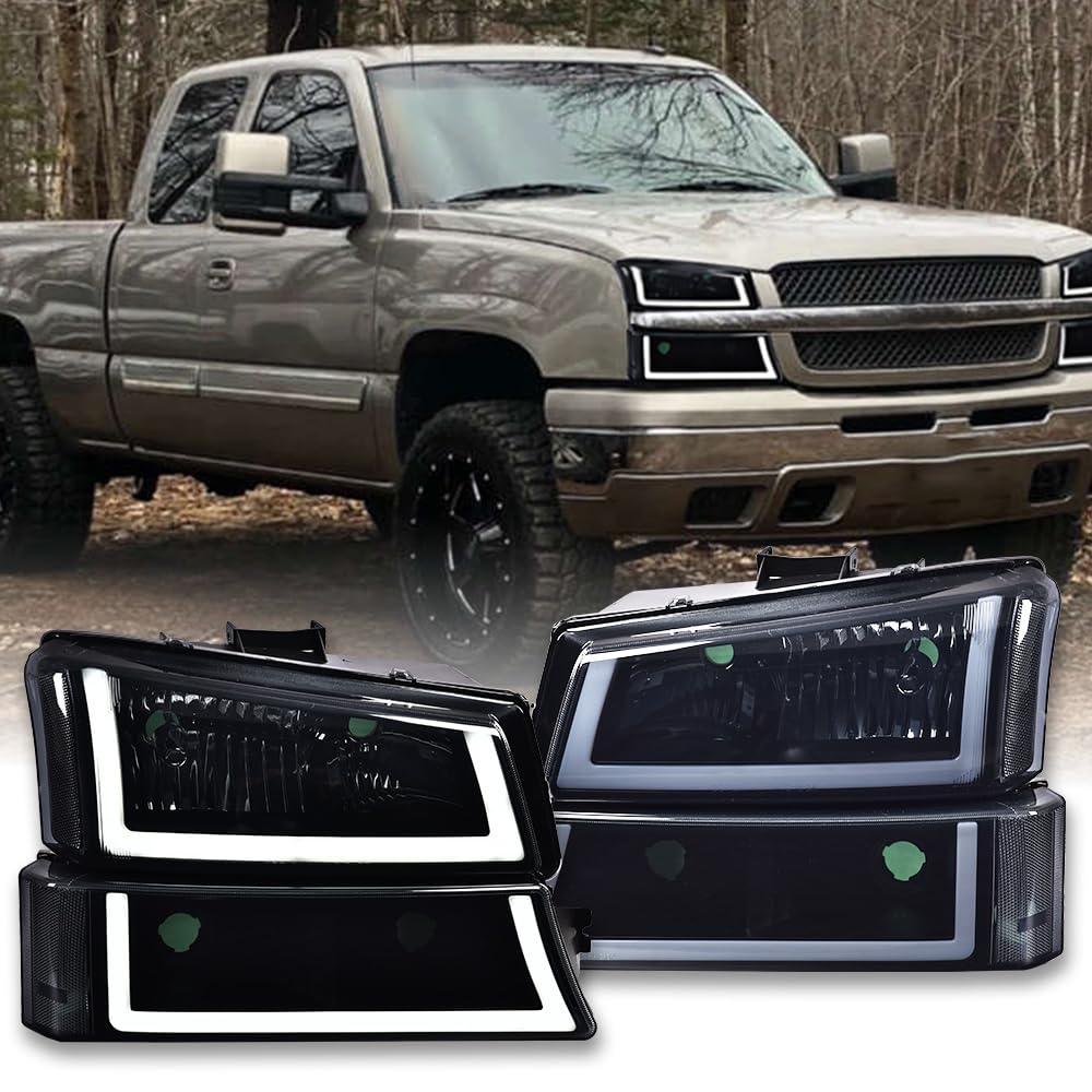 G-PLUS LED DRL headlights Headlamps, Compatible with 2003 2004 2005 2006 Chevy Silverado 1500/1500 HD/2500 HD/3500, Smoky Lens Black Housing Clear Reflector,faros delanteros