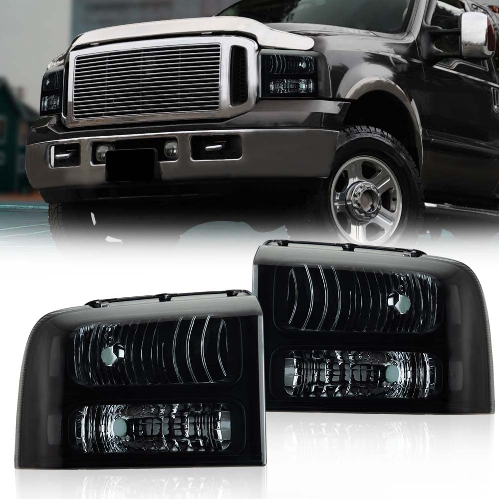 G-PLUS Headlights Assembly, Compatible with 2005 2006 2007 Ford F250 F350 Super Duty Bumper Headlamps,Smoky Lens Black Housing Clear Reflector,Left & Right faros delanteros