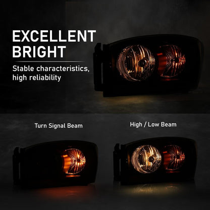 G-PLUS Headlights Assembly w/Bulbs Light Bar Left and Right Side Compatible with Dodge Ram 1500 2006-2008/Fit Dodge Ram 2500 3500 2006-2009 Clear Lens Black Housing Clear Reflector