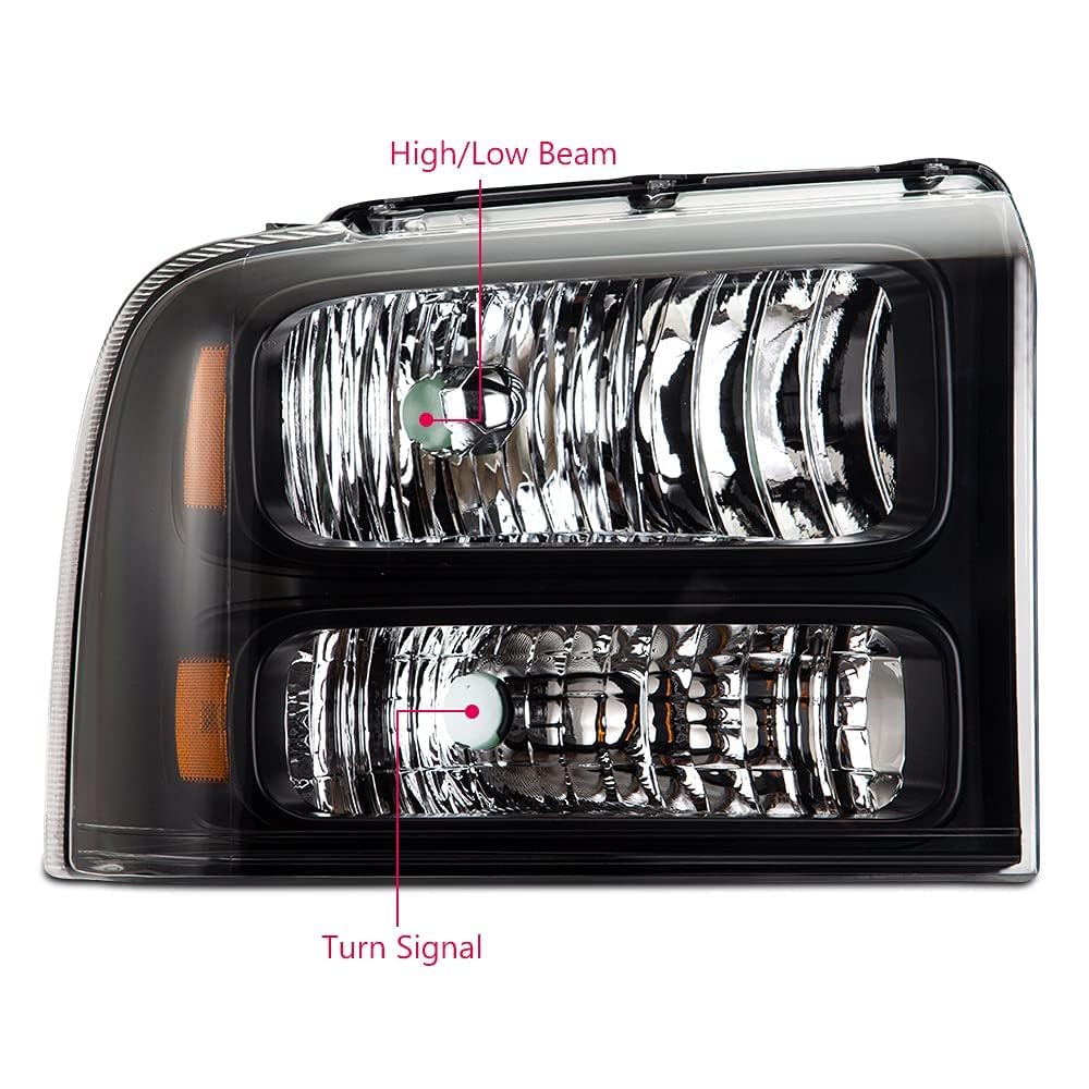 G-PLUS Headlights Assembly, Compatible with 2005 2006 2007 Ford F250 F350 Super Duty Bumper Headlamps, Clear lens Black Housing Amber Reflector,Left Driver & Right Passenger faros delanteros