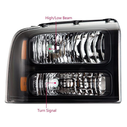 G-PLUS Headlights Assembly, Compatible with 2005 2006 2007 Ford F250 F350 Super Duty Bumper Headlamps, Clear lens Black Housing Amber Reflector,Left Driver & Right Passenger faros delanteros