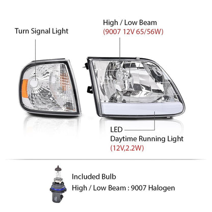 G-PLUS LED DRL Strip Style Headlights & Corner Parking Lights Compatible with Ford Expedition 1997-2002/Fit Ford F150 1998-2003/Fit F250 1997-1999 Clear Lens Chrome Housing Amber Reflector