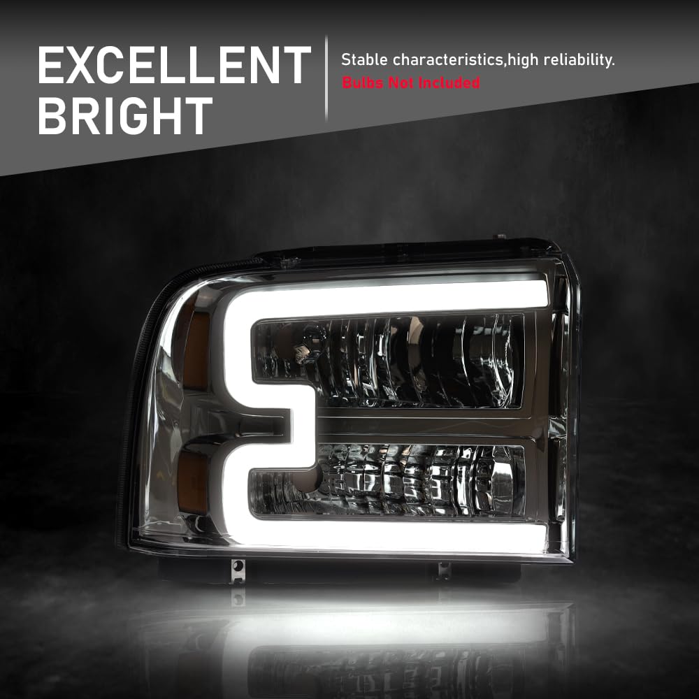 G-PLUS LED DRL Headlight Assembly Compatible with Ford F250 F350 F450 F550 Super Duty 05-07 /Fit Ford Excursion 05 HeadLamps LH & RH Clear lens Chrome Housing White Reflector FO2503217 ‎6C3Z13008CB