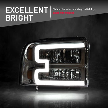 G-PLUS LED DRL Headlight Assembly Compatible with Ford F250 F350 F450 F550 Super Duty 05-07 /Fit Ford Excursion 05 HeadLamps LH & RH Clear lens Chrome Housing White Reflector FO2503217 ‎6C3Z13008CB