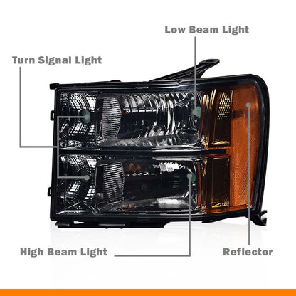 G-PLUS Headlights Assembly Compatible with 2007-2013 GMC Sierra 1500,Fit 2007-2014 GMC Sierra 2500 HD 3500HD Bumper Headlamps, Smoky Lens Chrome Housing Amber Reflector,faros delanteros